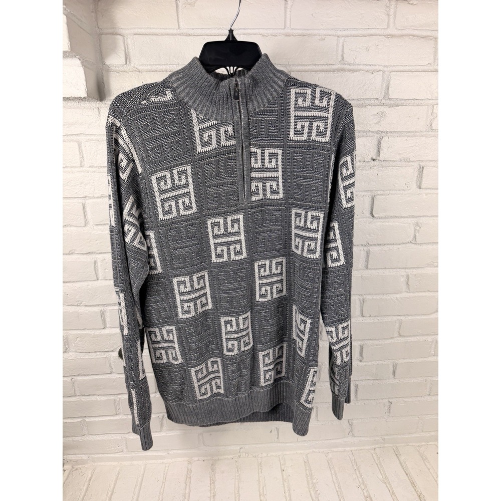 Prestige Original Mens XL Gray Greek Key Quarter Zip Textured Knit Sweater